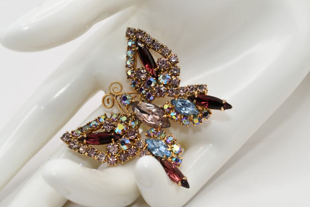 Vintage Butterfly Brooch AB Rhinestones Purple Blue Gold Tone Pin